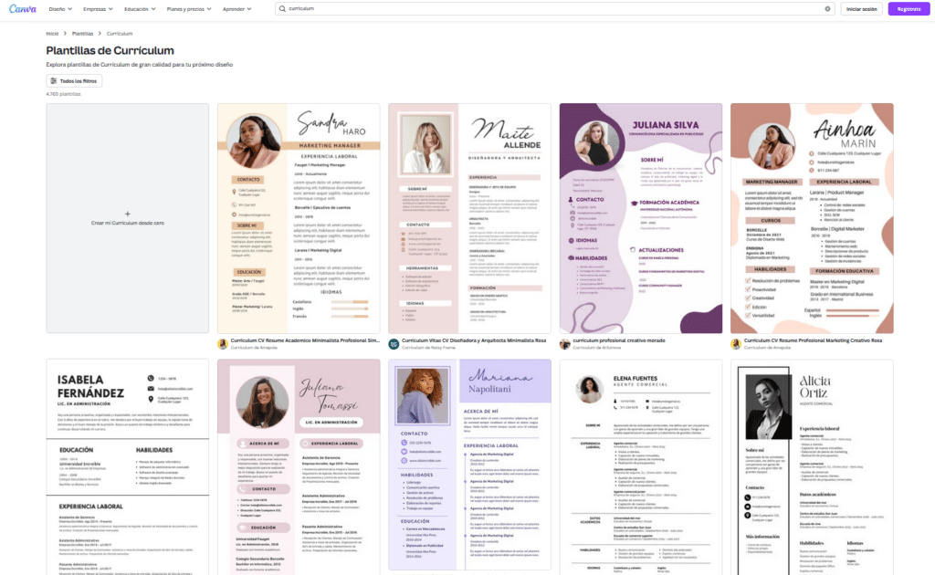 Inicio Plantillas Curriculums Canva
